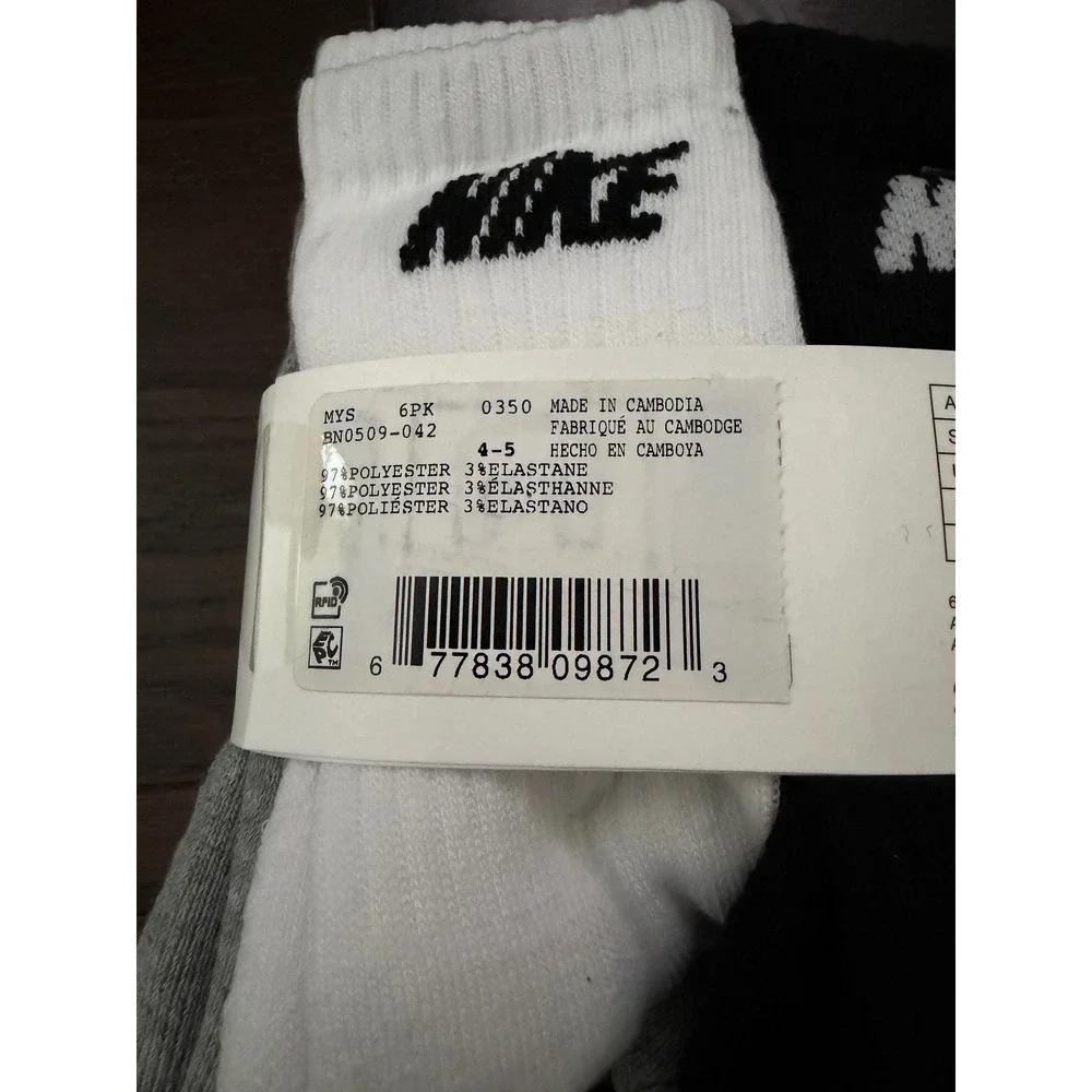 Nike Kids 6 Pack Cushioned Crew Socks Black White Grey BN0509-042 Size 7C-10C